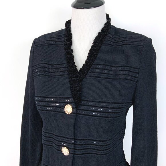 St. John Evening Black Sparkle Ruffle Jacket Santana Knit Sz 2-4 - Picture 12 of 16